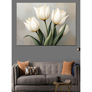 Beyaz Lale Buketi Dekoratif Kanvas - Mdf Ahşap Tablo 35x50 cm