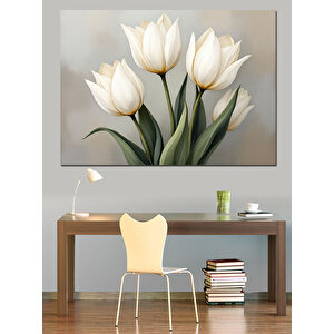 Beyaz Lale Buketi Dekoratif Kanvas - Mdf Ahşap Tablo 35x50 cm