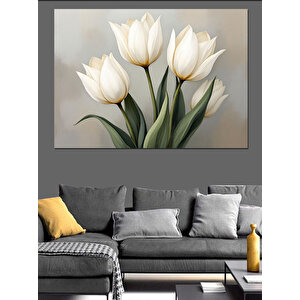 Beyaz Lale Buketi Dekoratif Kanvas - Mdf Ahşap Tablo 35x50 cm