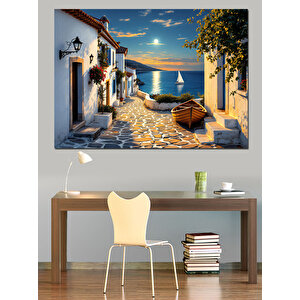 Mavi Beyaz Ada Kasabası Dekoratif Kanvas - Mdf Ahşap Tablo 70x100 cm