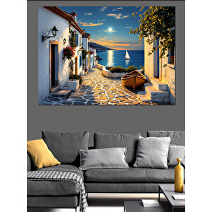 Mavi Beyaz Ada Kasabası Dekoratif Kanvas - Mdf Ahşap Tablo 70x100 cm