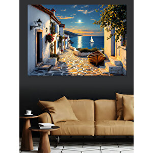Mavi Beyaz Ada Kasabası Dekoratif Kanvas - Mdf Ahşap Tablo 70x100 cm