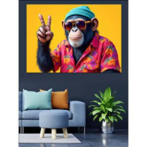 Barış İşareti Maymun Pozu Dekoratif Kanvas - Mdf Ahşap Tablo 25x35 cm