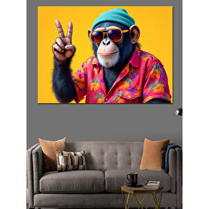 Barış İşareti Maymun Pozu Dekoratif Kanvas - Mdf Ahşap Tablo 25x35 cm