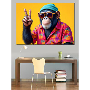 Barış İşareti Maymun Pozu Dekoratif Kanvas - Mdf Ahşap Tablo 25x35 cm