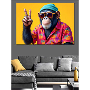 Barış İşareti Maymun Pozu Dekoratif Kanvas - Mdf Ahşap Tablo