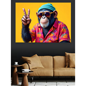 Barış İşareti Maymun Pozu Dekoratif Kanvas - Mdf Ahşap Tablo