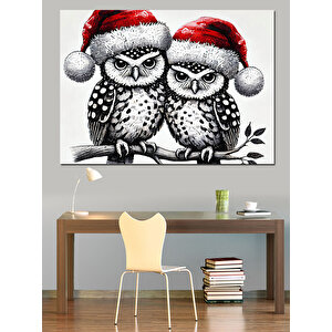 Noel Baykuşları Dekoratif Kanvas - Mdf Ahşap Tablo 50x70 cm