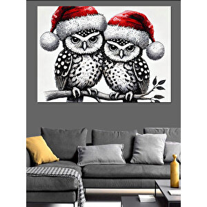 Noel Baykuşları Dekoratif Kanvas - Mdf Ahşap Tablo 50x70 cm