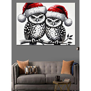 Noel Baykuşları Dekoratif Kanvas - Mdf Ahşap Tablo 100x140 cm