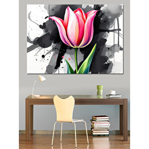 Fırçayla Çizilmiş Pembe Lale Dekoratif Kanvas - Mdf Ahşap Tablo 50x70 cm