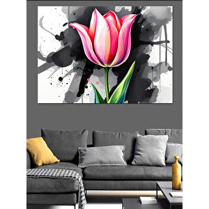 Fırçayla Çizilmiş Pembe Lale Dekoratif Kanvas - Mdf Ahşap Tablo 50x70 cm