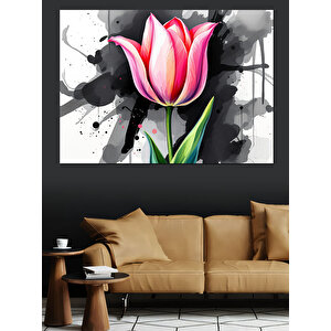 Fırçayla Çizilmiş Pembe Lale Dekoratif Kanvas - Mdf Ahşap Tablo 50x70 cm
