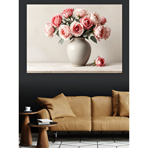Pembe Güller Beyaz Vazo Dekoratif Kanvas - Mdf Ahşap Tablo 35x50 cm