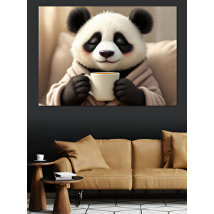 Kahve İçen Sevimli Panda Dekoratif Kanvas - Mdf Ahşap Tablo 50x70 cm