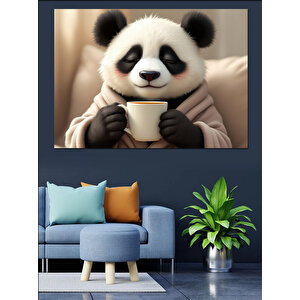 Kahve İçen Sevimli Panda Dekoratif Kanvas - Mdf Ahşap Tablo