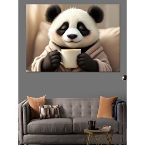 Kahve İçen Sevimli Panda Dekoratif Kanvas - Mdf Ahşap Tablo