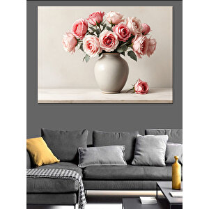 Pembe Güller Beyaz Vazo Dekoratif Kanvas - Mdf Ahşap Tablo 50x70 cm