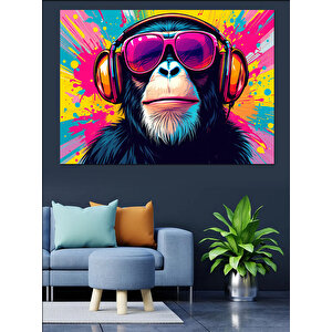 Kulaklıklı Renkli Maymun Portresi Dekoratif Kanvas - Mdf Ahşap Tablo 25x35 cm