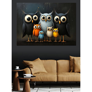 Meraklı Baykuş Ailesi Dekoratif Kanvas - Mdf Ahşap Tablo 70x100 cm