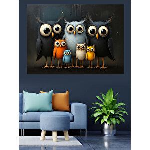 Meraklı Baykuş Ailesi Dekoratif Kanvas - Mdf Ahşap Tablo 70x100 cm