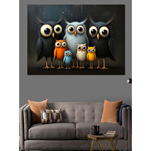 Meraklı Baykuş Ailesi Dekoratif Kanvas - Mdf Ahşap Tablo