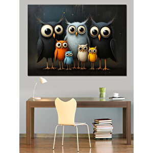 Meraklı Baykuş Ailesi Dekoratif Kanvas - Mdf Ahşap Tablo