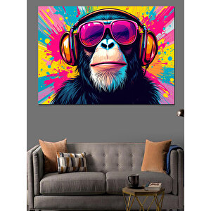 Kulaklıklı Renkli Maymun Portresi Dekoratif Kanvas - Mdf Ahşap Tablo 100x140 cm