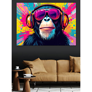 Kulaklıklı Renkli Maymun Portresi Dekoratif Kanvas - Mdf Ahşap Tablo