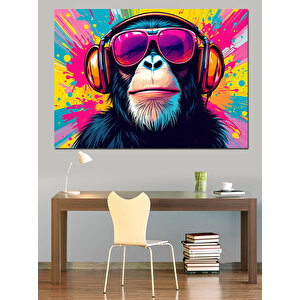 Kulaklıklı Renkli Maymun Portresi Dekoratif Kanvas - Mdf Ahşap Tablo 70x100 cm