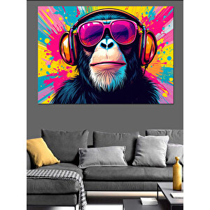 Kulaklıklı Renkli Maymun Portresi Dekoratif Kanvas - Mdf Ahşap Tablo