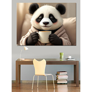 Kahve İçen Sevimli Panda Dekoratif Kanvas - Mdf Ahşap Tablo 35x50 cm