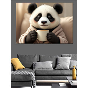 Kahve İçen Sevimli Panda Dekoratif Kanvas - Mdf Ahşap Tablo 35x50 cm