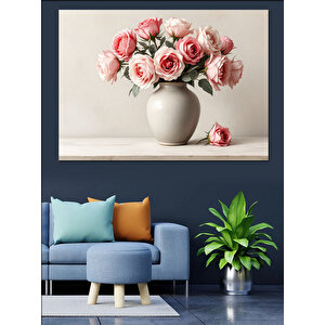 Pembe Güller Beyaz Vazo Dekoratif Kanvas - Mdf Ahşap Tablo 100x140 cm
