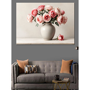 Pembe Güller Beyaz Vazo Dekoratif Kanvas - Mdf Ahşap Tablo