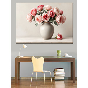 Pembe Güller Beyaz Vazo Dekoratif Kanvas - Mdf Ahşap Tablo