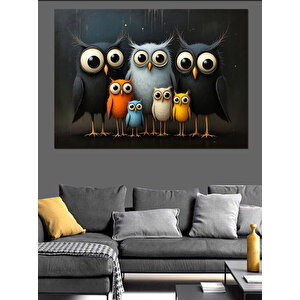Meraklı Baykuş Ailesi Dekoratif Kanvas - Mdf Ahşap Tablo 100x140 cm