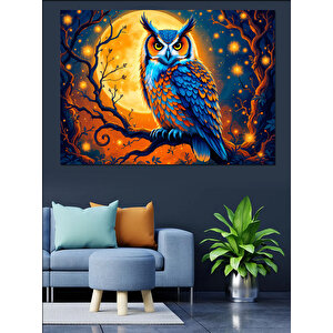 Gecede Parlayan Mavi Baykuş Dekoratif Kanvas - Mdf Ahşap Tablo 100x140 cm
