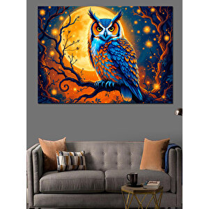 Gecede Parlayan Mavi Baykuş Dekoratif Kanvas - Mdf Ahşap Tablo 100x140 cm