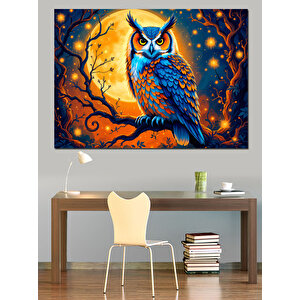Gecede Parlayan Mavi Baykuş Dekoratif Kanvas - Mdf Ahşap Tablo 100x140 cm