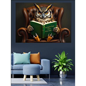 Kitap Okuyan Bilge Baykuş Dekoratif Kanvas - Mdf Ahşap Tablo 100x140 cm