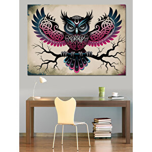 Soyut Pembe Siyah Baykuş Dekoratif Kanvas - Mdf Ahşap Tablo