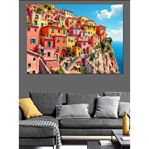 Renkli Sahil Kasabası Dekoratif Kanvas - Mdf Ahşap Tablo 100x140 cm