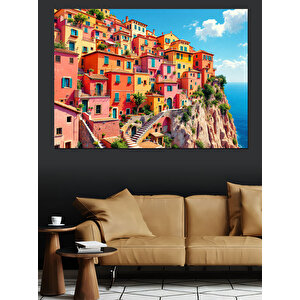 Renkli Sahil Kasabası Dekoratif Kanvas - Mdf Ahşap Tablo 100x140 cm