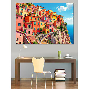 Renkli Sahil Kasabası Dekoratif Kanvas - Mdf Ahşap Tablo 35x50 cm