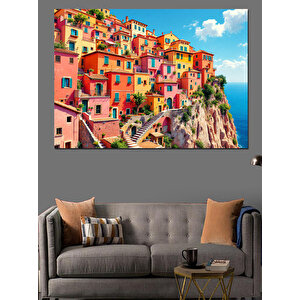 Renkli Sahil Kasabası Dekoratif Kanvas - Mdf Ahşap Tablo