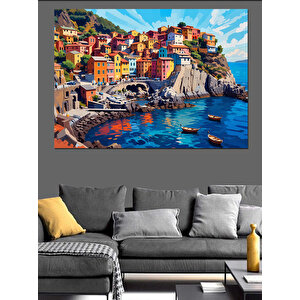 Renkli Deniz Kasabası Manzarası Dekoratif Kanvas - Mdf Ahşap Tablo 100x140 cm