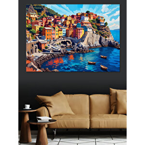 Renkli Deniz Kasabası Manzarası Dekoratif Kanvas - Mdf Ahşap Tablo 100x140 cm
