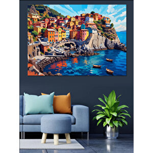 Renkli Deniz Kasabası Manzarası Dekoratif Kanvas - Mdf Ahşap Tablo 100x140 cm