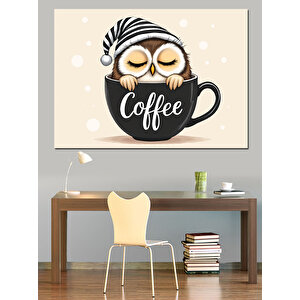 Kahve Fincanında Baykuş Dekoratif Kanvas - Mdf Ahşap Tablo 100x140 cm